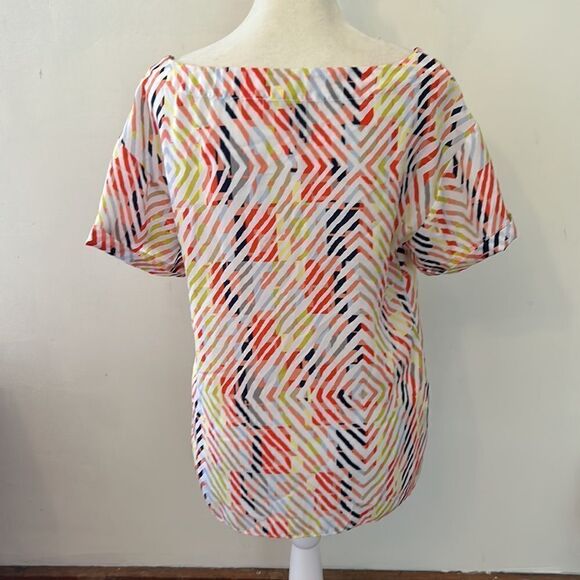 BCBGeneration orange yellow line pattern short cuffed sleeve blouse Size S - Picture 4 of 9